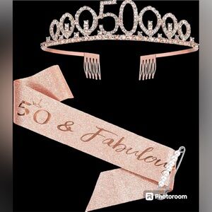 50th Birthday Tiara and Sash - 50 & Fabulous - Rose Gold & Crystals
